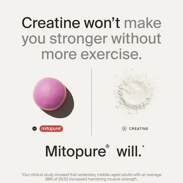 This ad highlights the ways Mitopure is superior to Creatine as a work out supplement. The ad claims that unlike Creatin