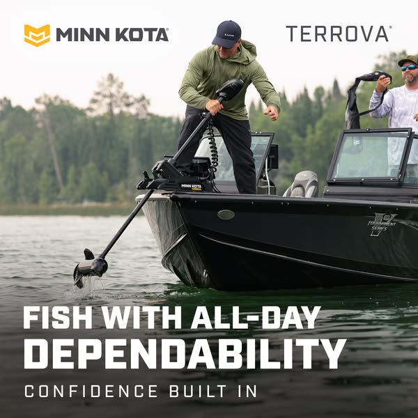 This ad features a fishing boat with two men, promoting the Minn Kota Terrova trolling motor and highlighting its depend
