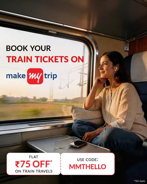 Ad promoting train ticket booking on MakeMyTrip with a discount.