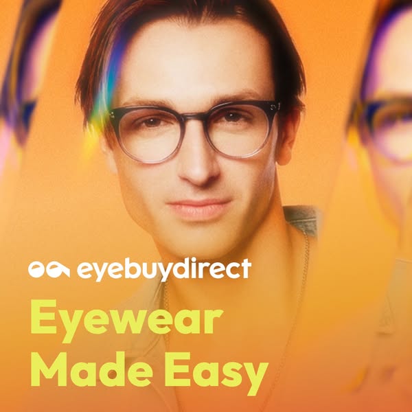 This ad for Eyebuydirect uses a photo of a man wearing glasses against an orange background to promote their eyewear.