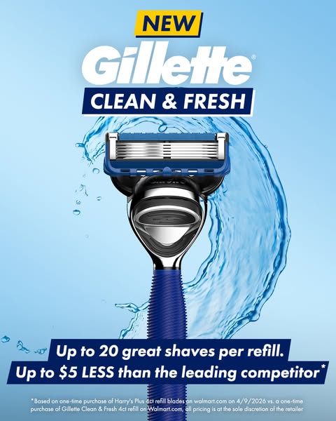 This ad is for Gillette Clean & Fresh razor refills. The ad calls out that they have up to 20 great shaves per refil