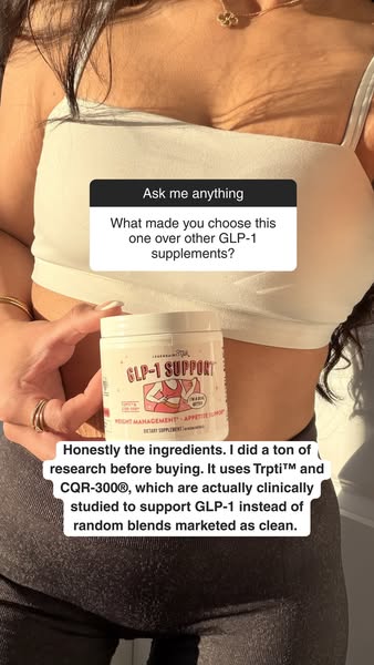 This ad showcases a woman holding a jar of GLP-1 Support and answering a question about why she chose this product. She 