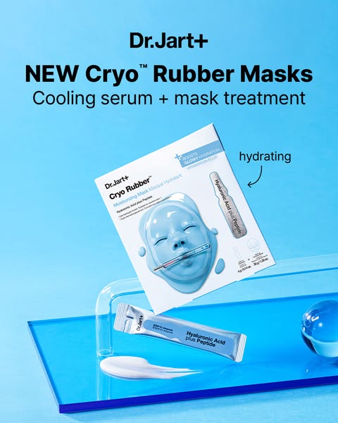 This ad promotes Dr.Jart+'s NEW Cryo™ Rubber Masks, highlighting their cooling serum and mask treatment for hydratio