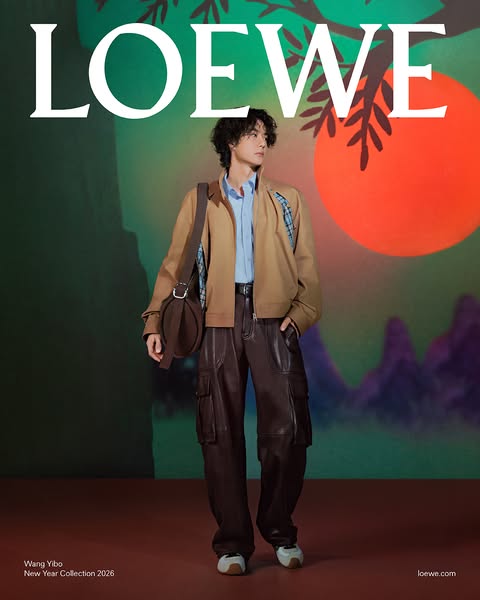 The ad features Wang Yibo modeling the Loewe New Year Collection 2026. He is standing in front of a painted background w