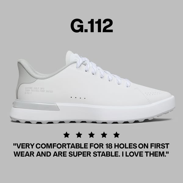 This ad promotes G.112 golf shoes by featuring a close up of the shoe and a customer testimonial stating that the shoe i