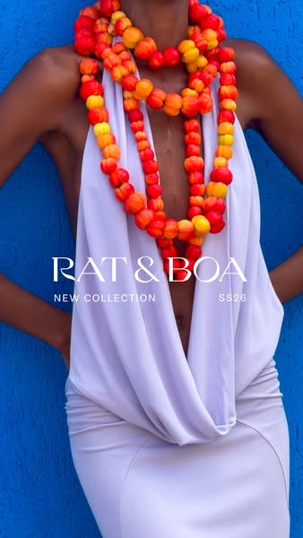 This image ad is for Rat & Boa's new SS26 collection. The brand is promoting high-fashion designs.