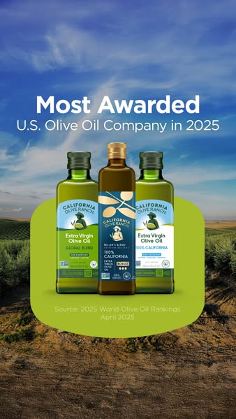 This image ad promotes California Olive Ranch olive oil by showcasing three of their olive oil products and highlighting