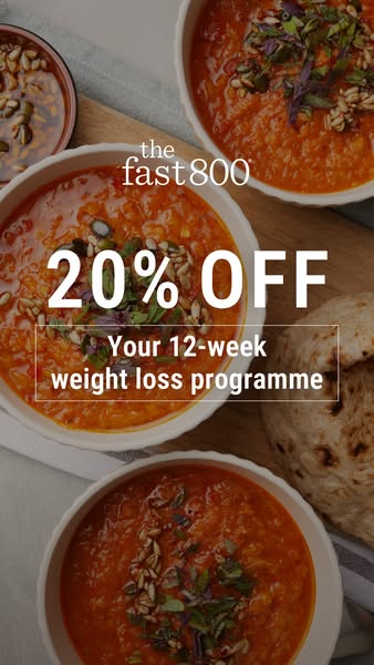 This ad for The Fast 800 promotes their 12-week weight loss program with a 20% discount. The image showcases bowls of or