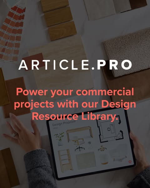 This ad for Article.pro highlights the brand's Design Resource Library, showing a woman holding a tablet displaying 