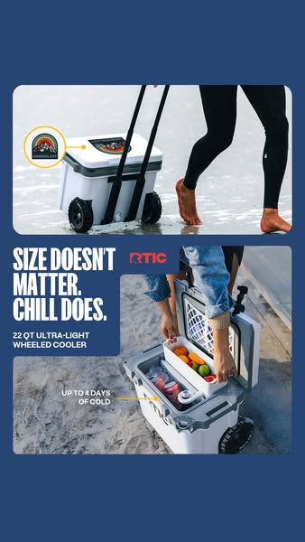 This ad showcases the RTIC 22 quart ultra-light wheeled cooler. The ad highlights the cooler's portability and cooli