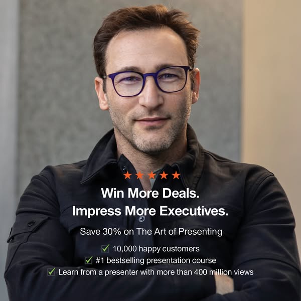 This image ad for "The Art of Presenting" features a man smiling at the viewer and highlights three key featur