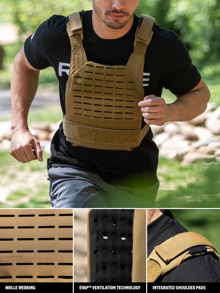 The ad showcases a man jogging while wearing a plate carrier vest. The ad features the vest's Molle webbing, ventila