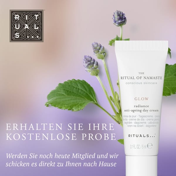 This ad promotes Rituals' Namaste Glow radiance anti-ageing day cream. It features a close-up of the product tube al