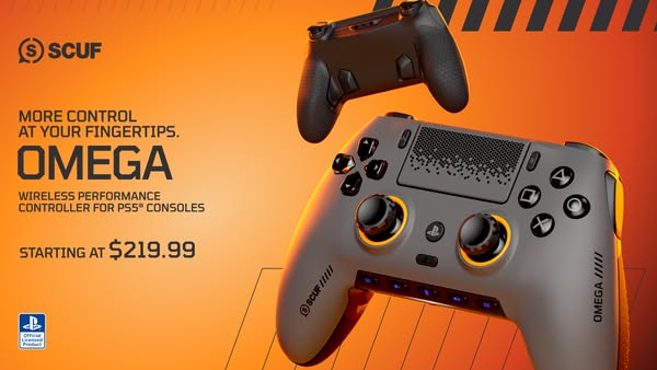 This ad features the SCUF Omega wireless performance controller for PS5 consoles with an image of two of the controllers