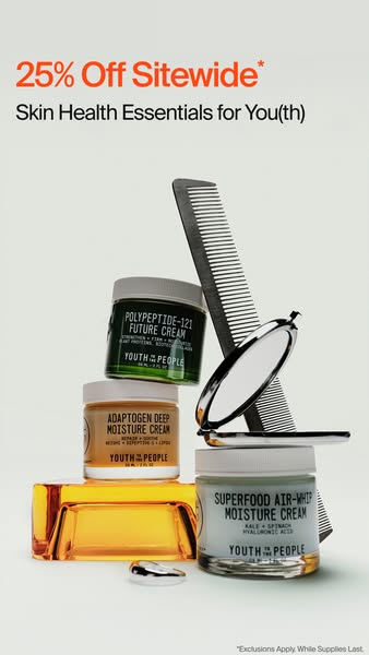 Image ad showcasing three Youth to the People skin care products stacked on top of each other along with miscellaneous i
