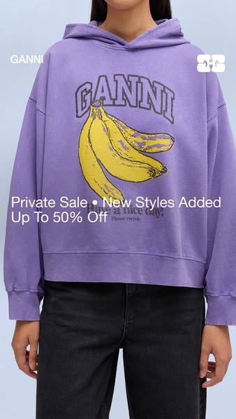 The ad features a person wearing a purple GANNI sweatshirt with a banana graphic on the front. The text overlay promotes