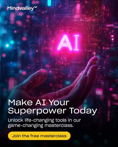 The ad promotes a free masterclass by Mindvalley about unlocking the power of AI.