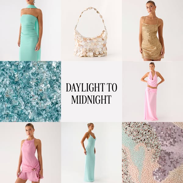 This ad showcases a variety of occasion wear from the brand, ranging from dresses and separates to an evening bag. The c