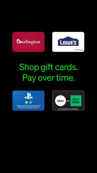 This ad promotes the ability to shop gift cards and pay over time.