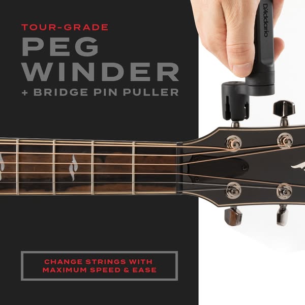 This ad demonstrates how the D’Addario Peg Winder + Bridge Pin Puller helps the user change guitar strings quickly and e