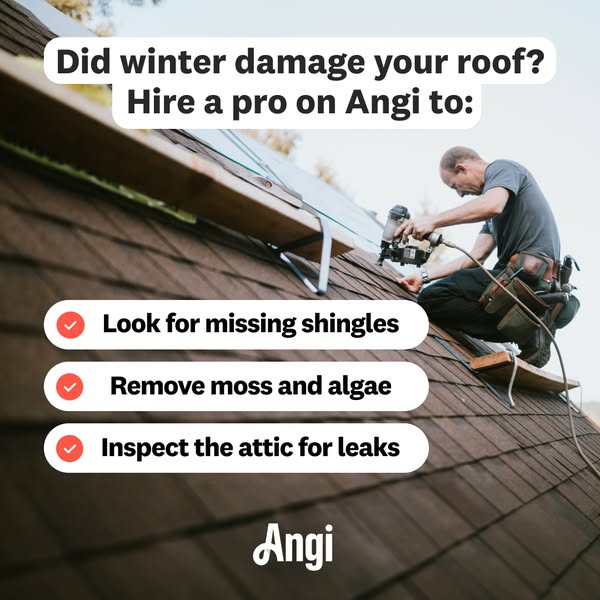 This ad promotes Angi as a way to find a professional to help with roof repair after winter damage. It uses a checklist 