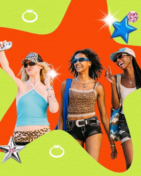 This ad promotes the brand through lifestyle imagery featuring three young women wearing sunglasses and summery clothes 