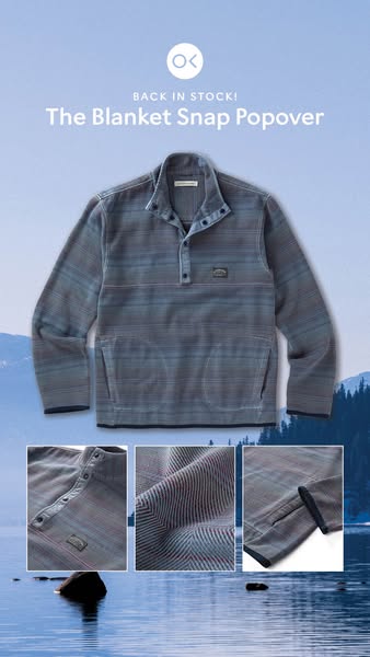 An advertisement for a blue striped snap popover. The text reads, "BACK IN STOCK! The Blanket Snap Popover".