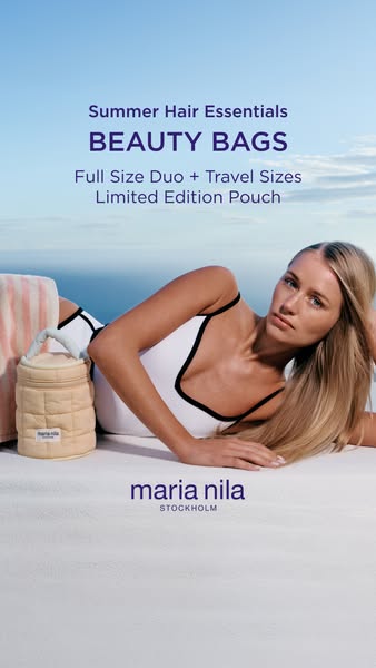 This ad showcases Maria Nila's limited edition summer beauty bags, featuring a full-size duo and travel sizes in a p