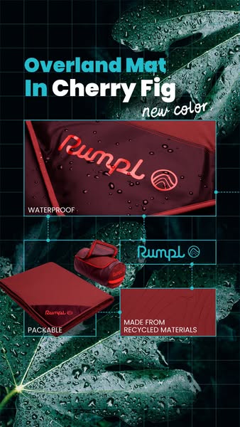 This ad features the Rumpl Overland Mat in Cherry Fig color. The ad highlights that the mat is waterproof, packable and 