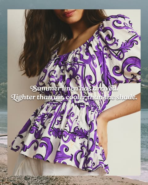 An ad featuring a woman in a purple and white linen top. The ad promotes the arrival of summer linen, emphasizing its li