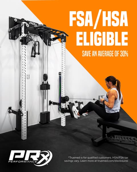 The ad features a wall-mounted home gym system with a woman demonstrating a workout. The ad highlights that the product 