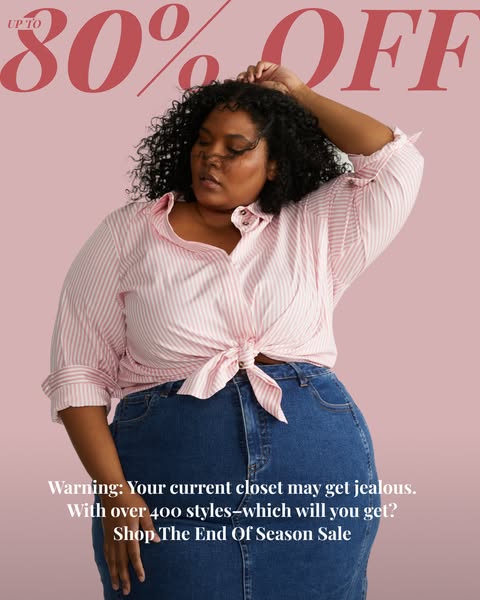 This image ad features a model in a pink-striped shirt and dark blue jeans with text about an end-of-season sale.