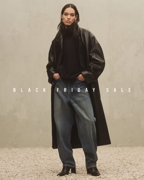 This ad features a woman modeling a pair of jeans, a black turtleneck, a black coat, and black boots. The ad promotes a 