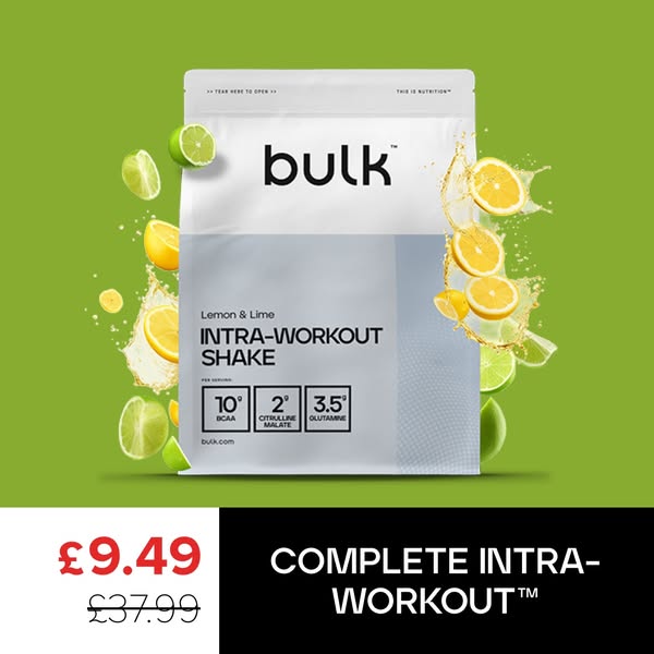 This image ad promotes Bulk's Lemon & Lime Intra-Workout Shake. It features a bag of the product surrounded by l