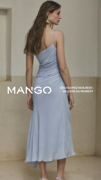This image ad for Mango features a woman modeling a light blue dress and encourages viewers to discover the brand's 