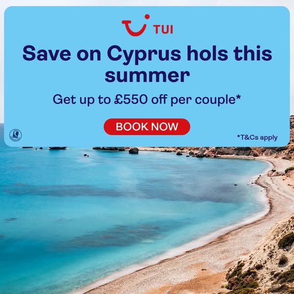 This image ad by TUI promotes savings on Cyprus holidays this summer, offering up to £550 off per couple. It features a 