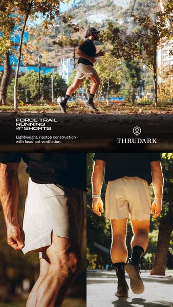 This ad promotes Thrudark Force Trail Running 4" shorts. The ad's visuals include a man running outdoors, close