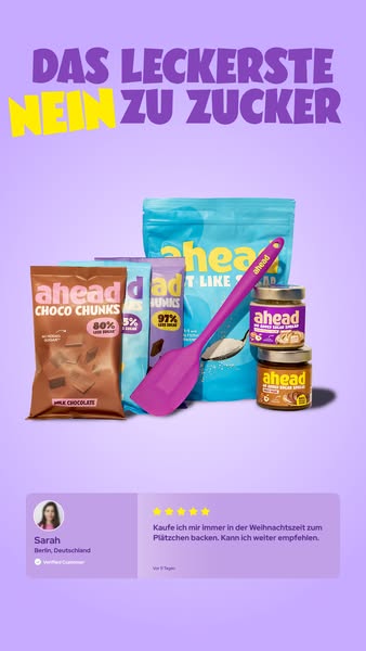 This ad promotes Ahead brand's sugar-free baking ingredients, featuring a range of products and a customer testimoni