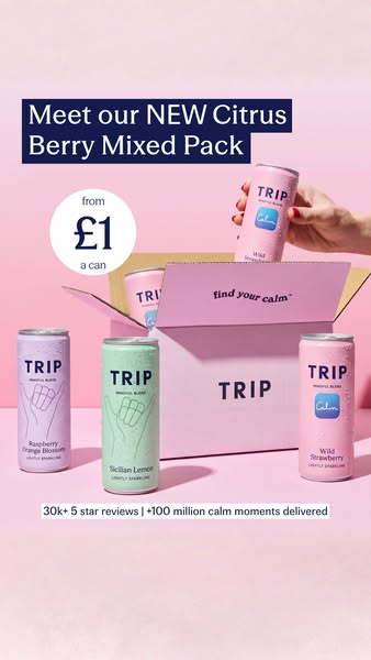 This ad promotes TRIP's new citrus berry mixed pack. It highlights the low price per can and showcases the brand'