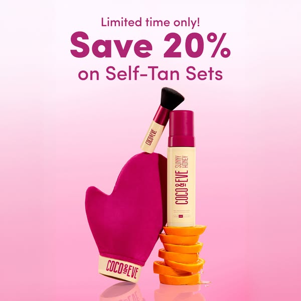 This ad promotes Coco & Eve self-tan sets with a limited-time offer of 20% off. The visual focuses on the product se