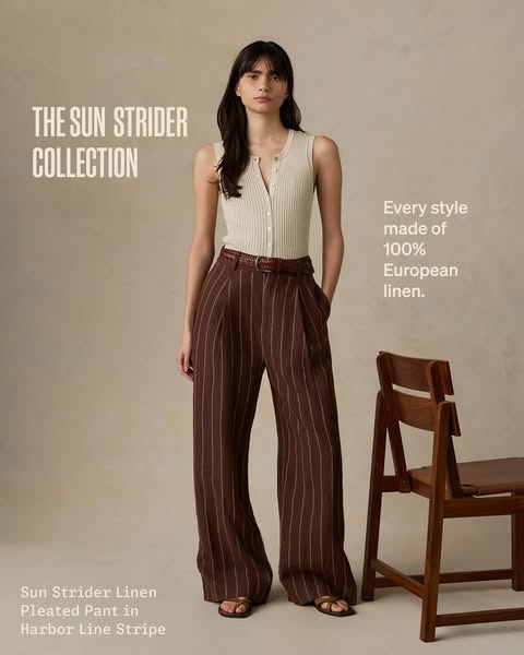 This image ad features a woman modeling linen pants with white pinstripes. The ad calls out that every style is made of 