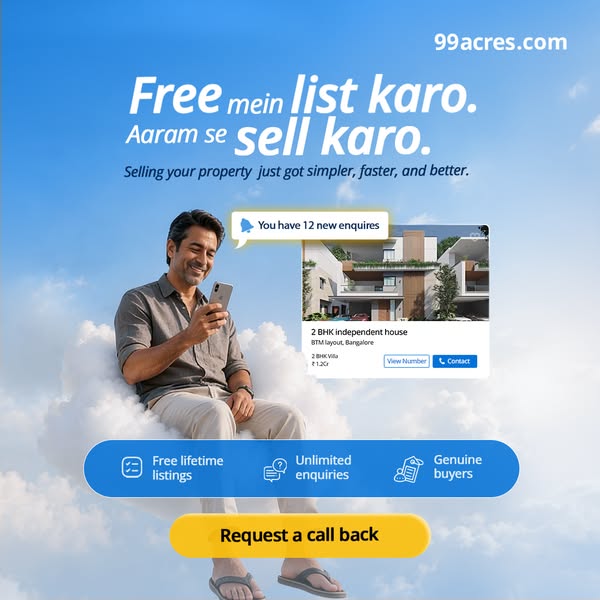 The ad promotes 99acres.com as a way for people to sell their property easier and faster, and request a call back to beg