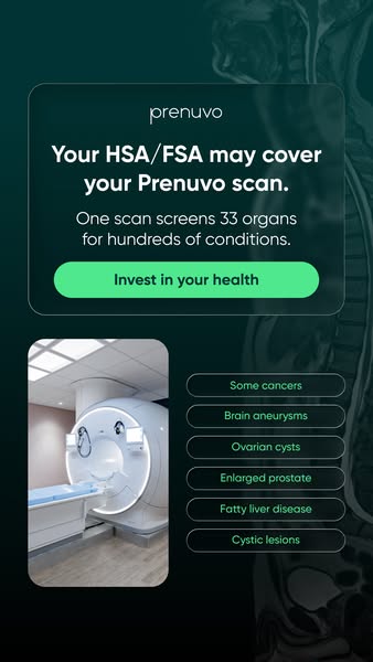 The ad for Prenuvo features an image of the Prenuvo scanner. The ad states that you may be able to use your HSA or FSA t