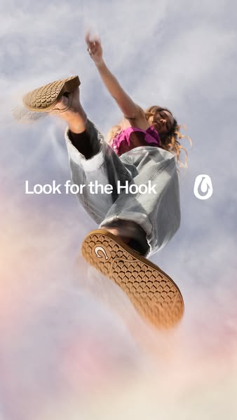 This ad promotes OluKai footwear, emphasizing their unique 'Hook' feature through an active, dynamic visual. The