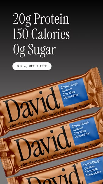 An image ad for David protein bars featuring text highlighting key attributes (20g Protein, 150 Calories, 0g Sugar) alon