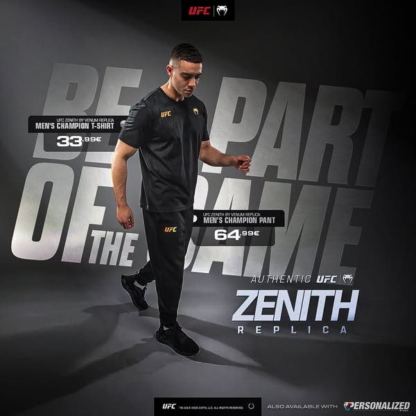 This ad for UFC Zenith by Venum Replica features a man modeling a matching t-shirt and pant set. The ad highlights the p