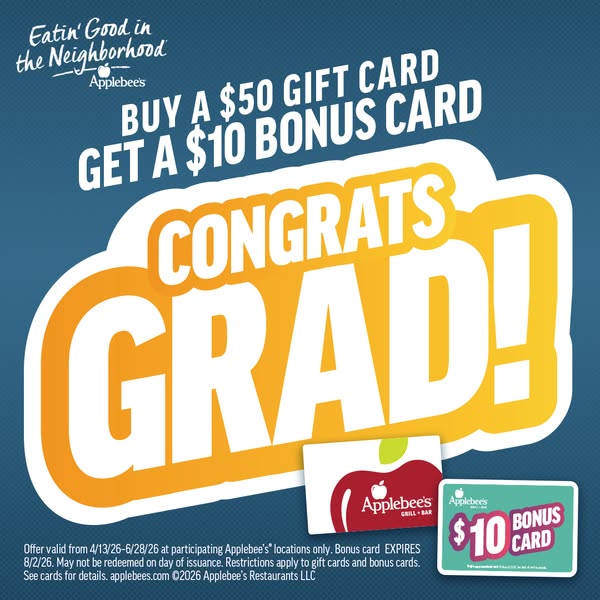 This ad promotes a graduation gift card offer from Applebee's. The image shows text announcing, "Congrats Grad!