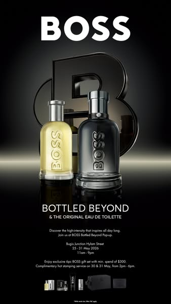Image ad for BOSS Bottled Beyond & The Original Eau de Toilette promoting a pop-up event and gift set offer with pur