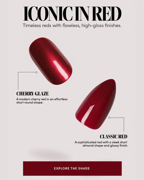 This image ad showcases two shades of red nail polish, "Cherry Glaze" and "Classic Red", highlightin