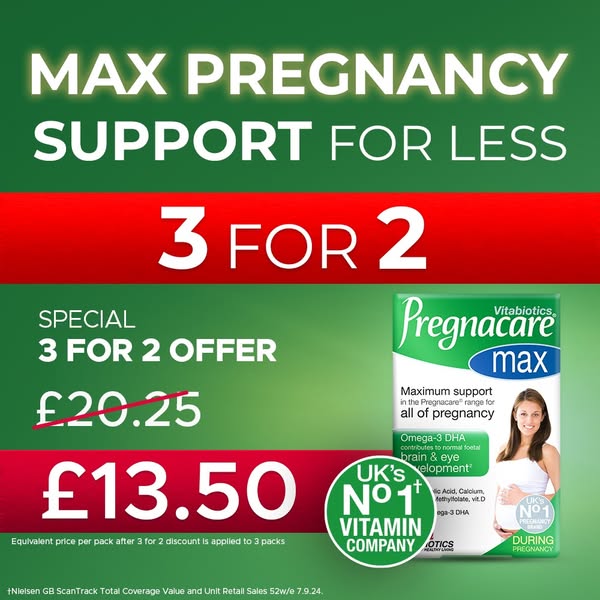 An image ad showcasing an offer for Pregnacare Max vitamins, emphasizing their support for pregnancy and positioning as 